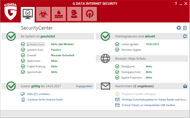 Im G DATA Security Center kann der User erfahren, wie aktuell seine Sicherheitssoftware ist.