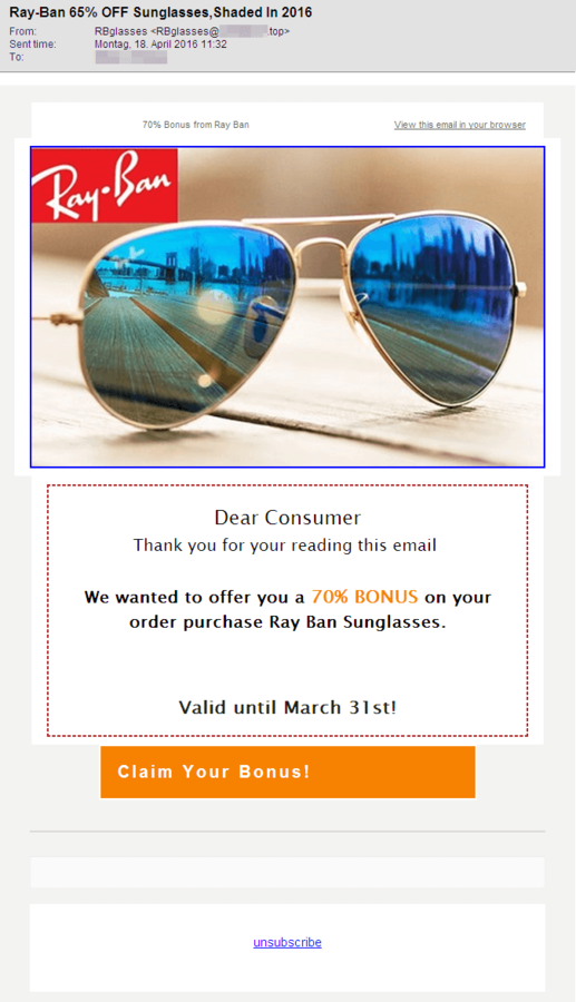 Sonnenbrillen-Spam: 85% Rabatt? Das doch 100% Fake!