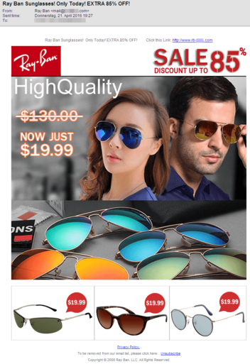 Screenshot einer E-Mail mit Sonnenbrillen-Spam
