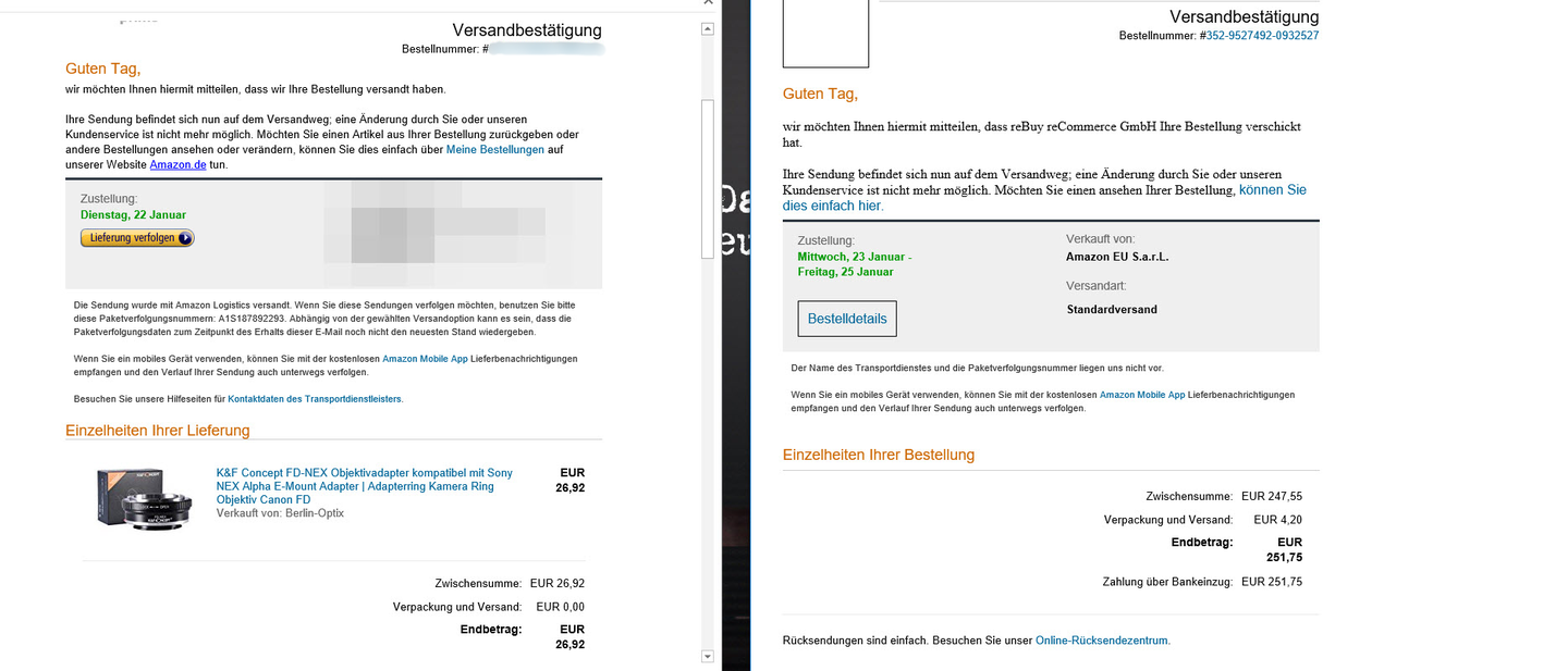 Echte Versandbestätigung (links) und der aktuelle Fake (rechts)