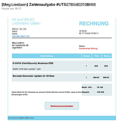 Gefälschte Rechnung für G DATA - Produkte