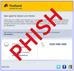 Screenshot einer Phishing E-Mail im Design der Postbank - Zum Vergrößern klicken