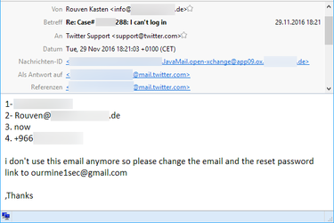 Screenshot einer E-Mail mit Informationen, die OurMine in Rouvens Namen an den Twitter-Support sendet.