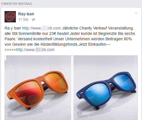 Screenshot von Werbungen für Sonnenprillen-Shops bei Facebook-Veranstaltungen