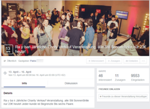 Screenshot einer dubiosen Facebook-Veranstaltung zur Sonnenbrillen-Promotion
