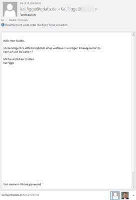 Screenshot der betrügerischen Cheftrick E-Mail