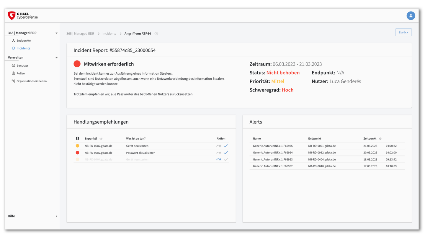 Screenshot des G DATA Managed EDR Webportals