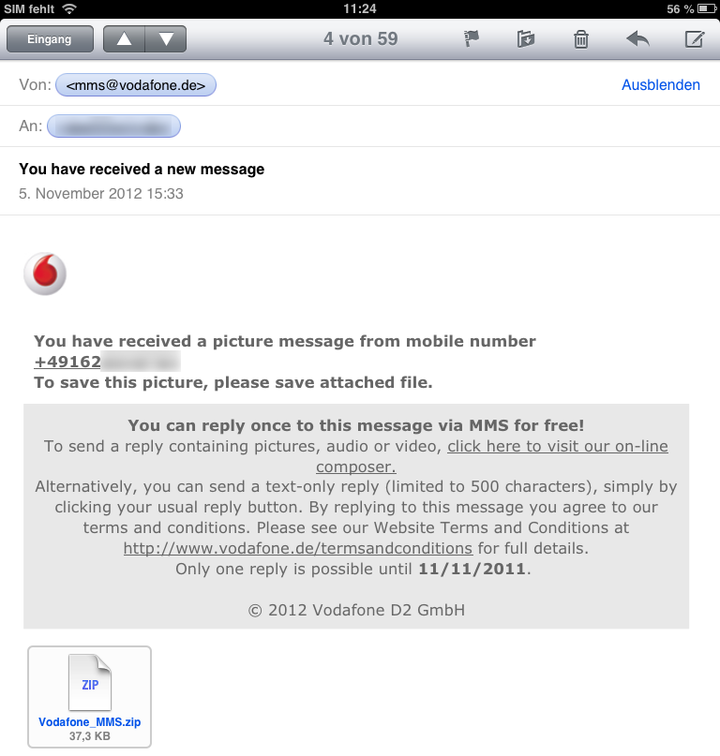 Screenshot einer E-Mail mit infiziertem Anhang, der sich als Vodafone MMS E-Mail tarnt
