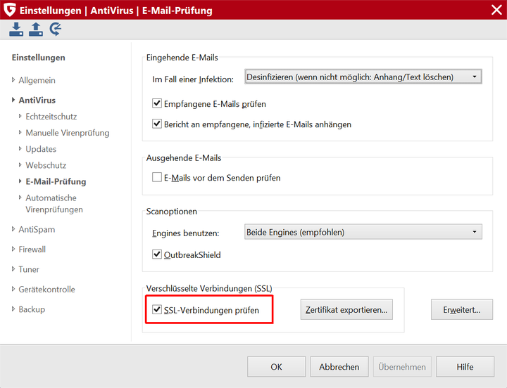 Die Prüfung kann durch Abwahl von "SSL-Verbindungen prüfen" deaktiviert werden