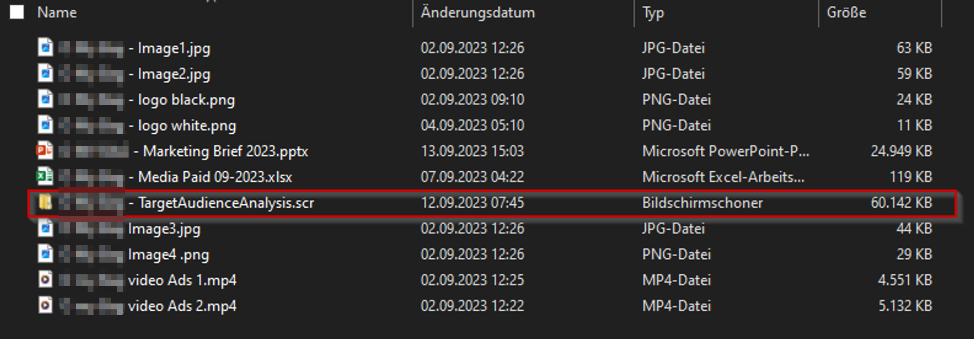 Screenshot mit mehreren aufgelisteten Grafiken und Office-Dateien. Die bösartige Datei ist rot umrandet.