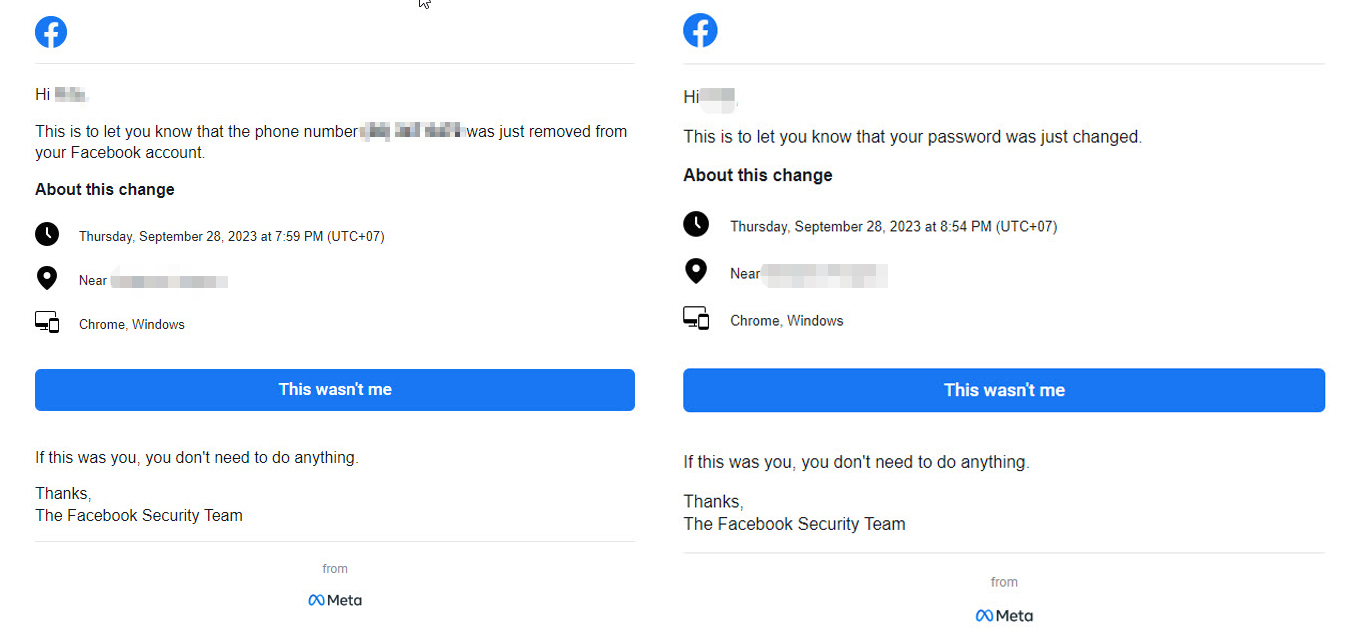 Screenshots zweier Mails von Meta - in der linken Nachricht wird über die Löschung der Telefonnummer informiert, daneben darüber, dass das Passwort geändert wurde.