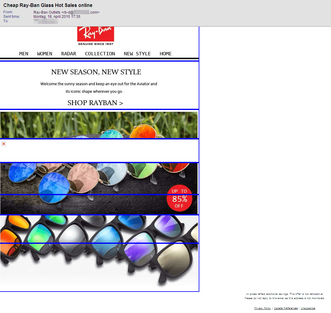 Screenshot einer E-Mail mit Sonnenbrillen-Spam