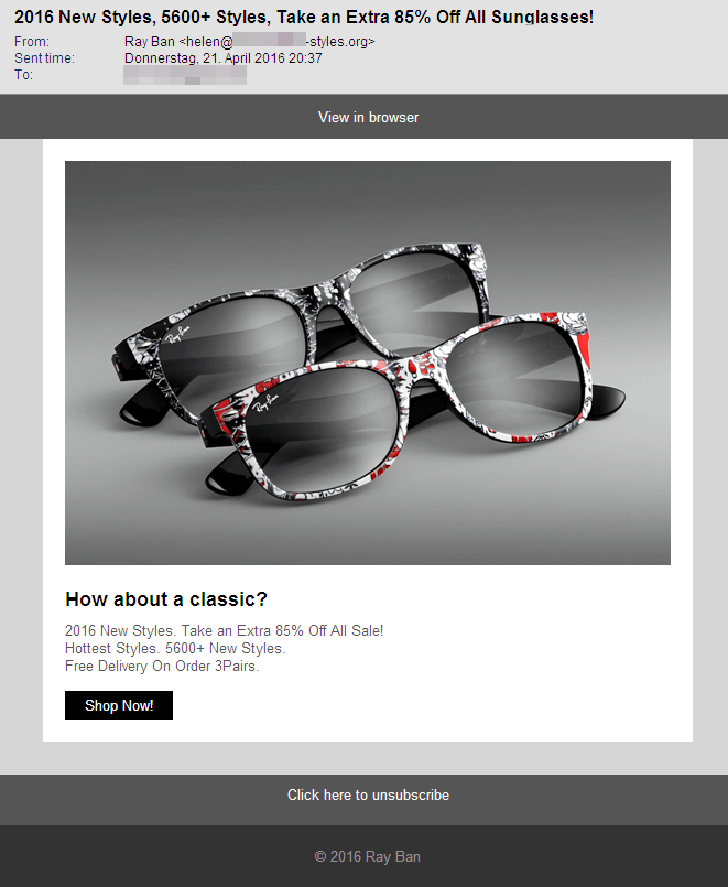 Screenshot einer E-Mail mit Sonnenbrillen-Spam