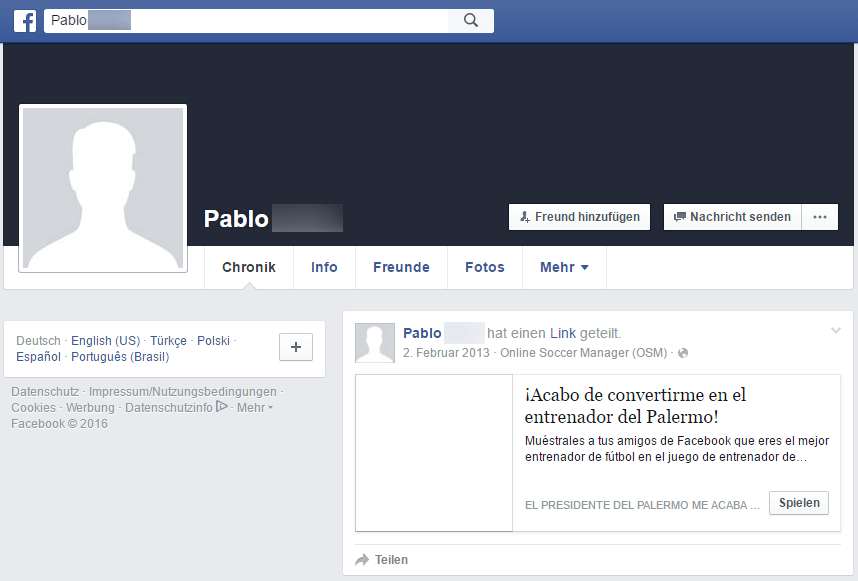 Screenshot eines vermeintlich gehackten Facebook Profils