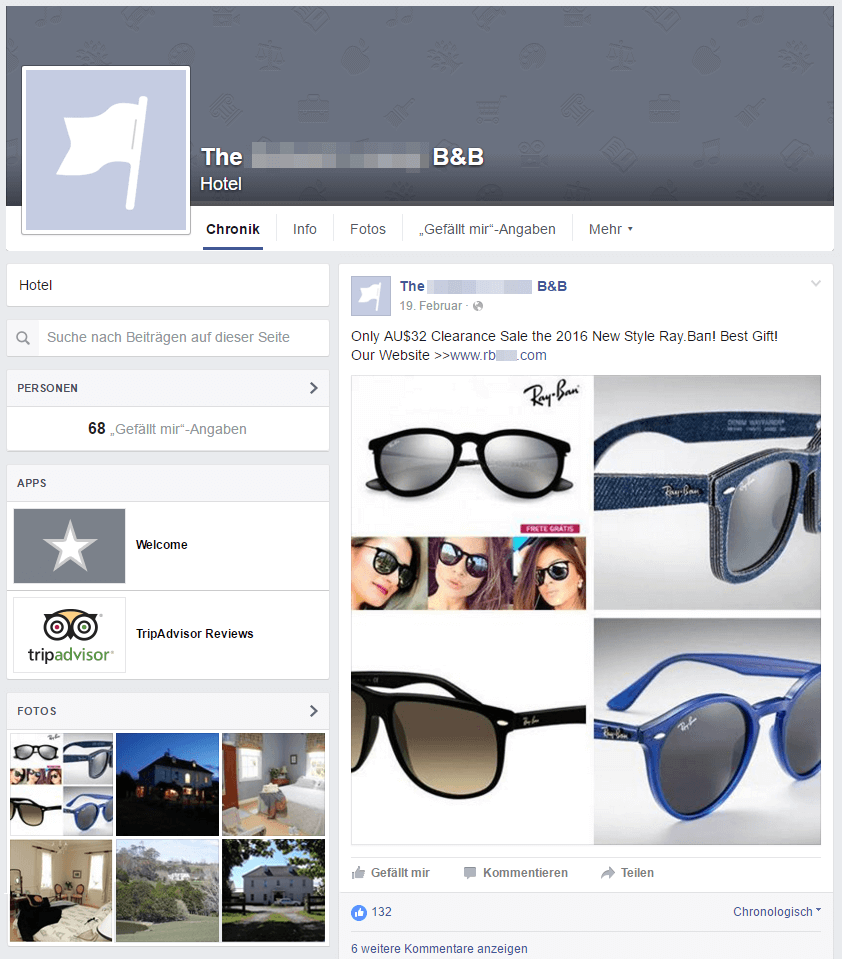 Screenshot einer digitalen Hotel-Pinnwand mit Ray-Ban Spam