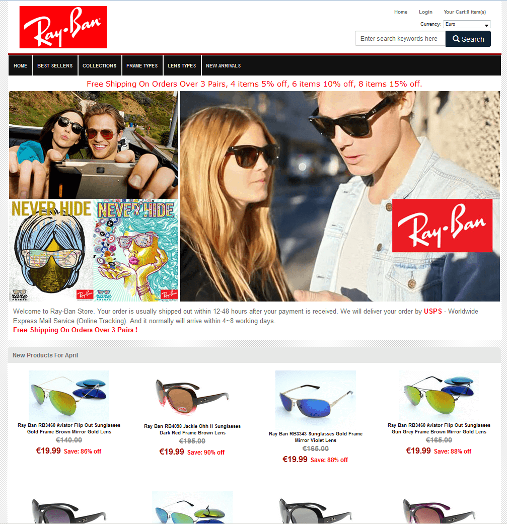 Screenshot einer Ray-Ban Webshop Kopie