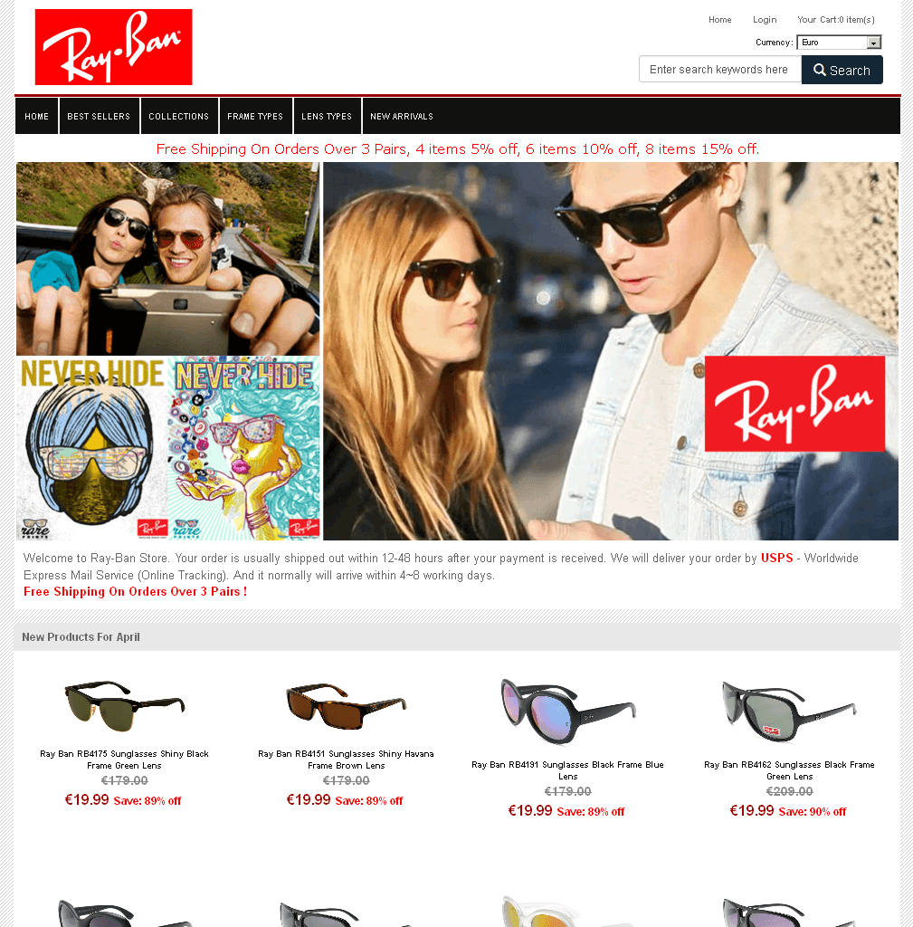 Screenshot einer Ray-Ban Webshop Kopie