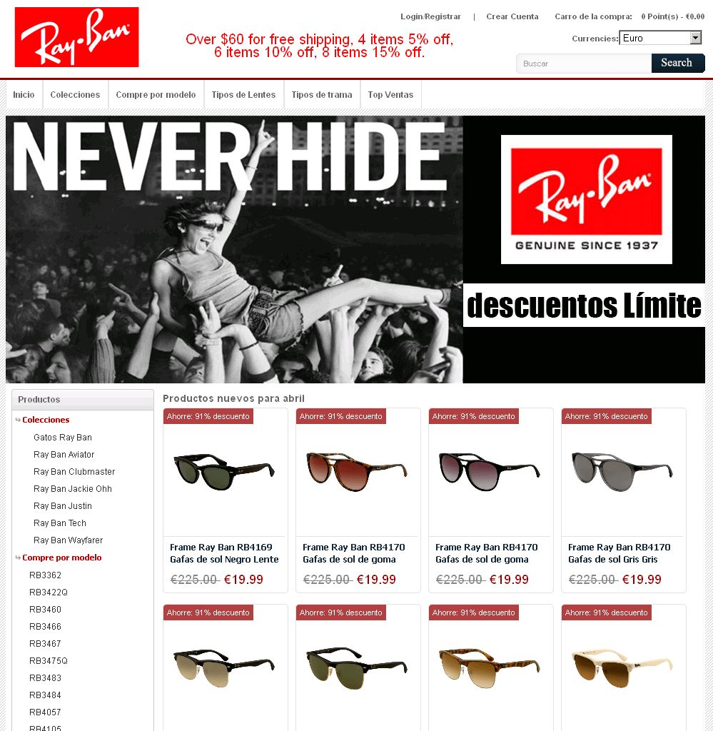 Screenshot einer Ray-Ban Webshop Kopie
