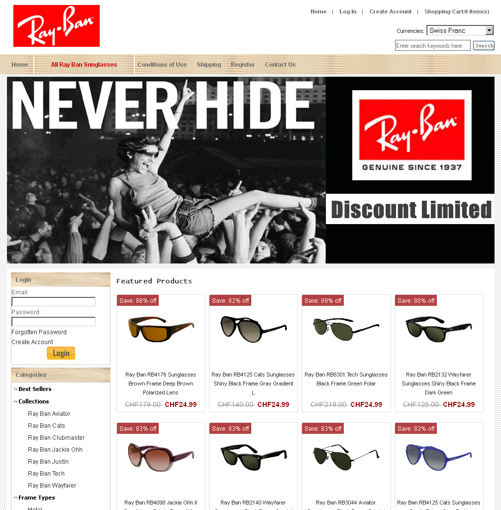 Screenshot einer Ray-Ban Webshop Kopie