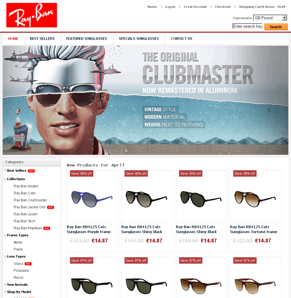 Screenshot einer Ray-Ban Webshop Kopie