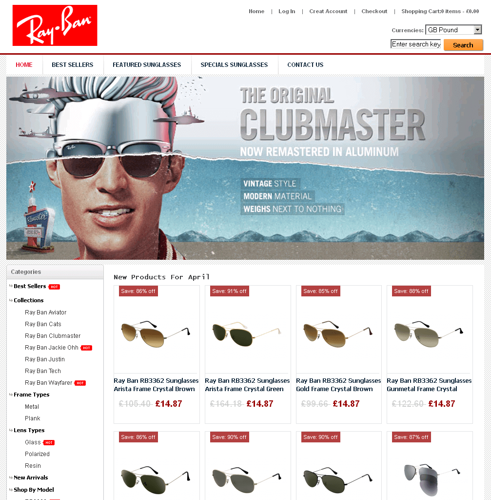 Screenshot einer Ray-Ban Webshop Kopie