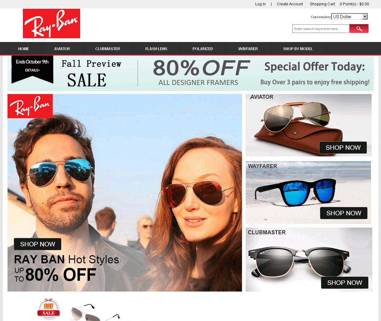 Screenshot einer Ray-Ban Webshop Kopie