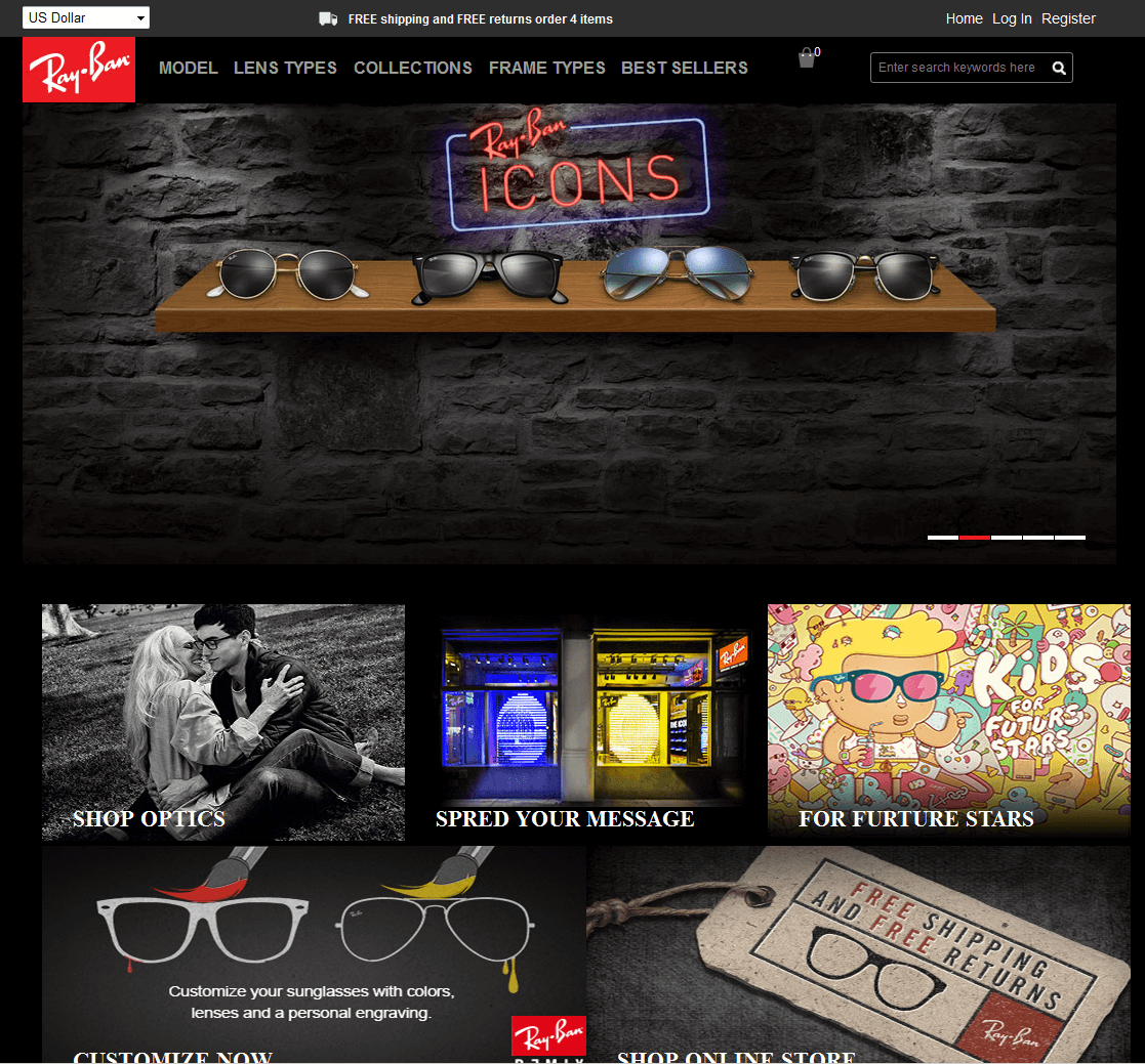 Screenshot einer Ray-Ban Webshop Kopie
