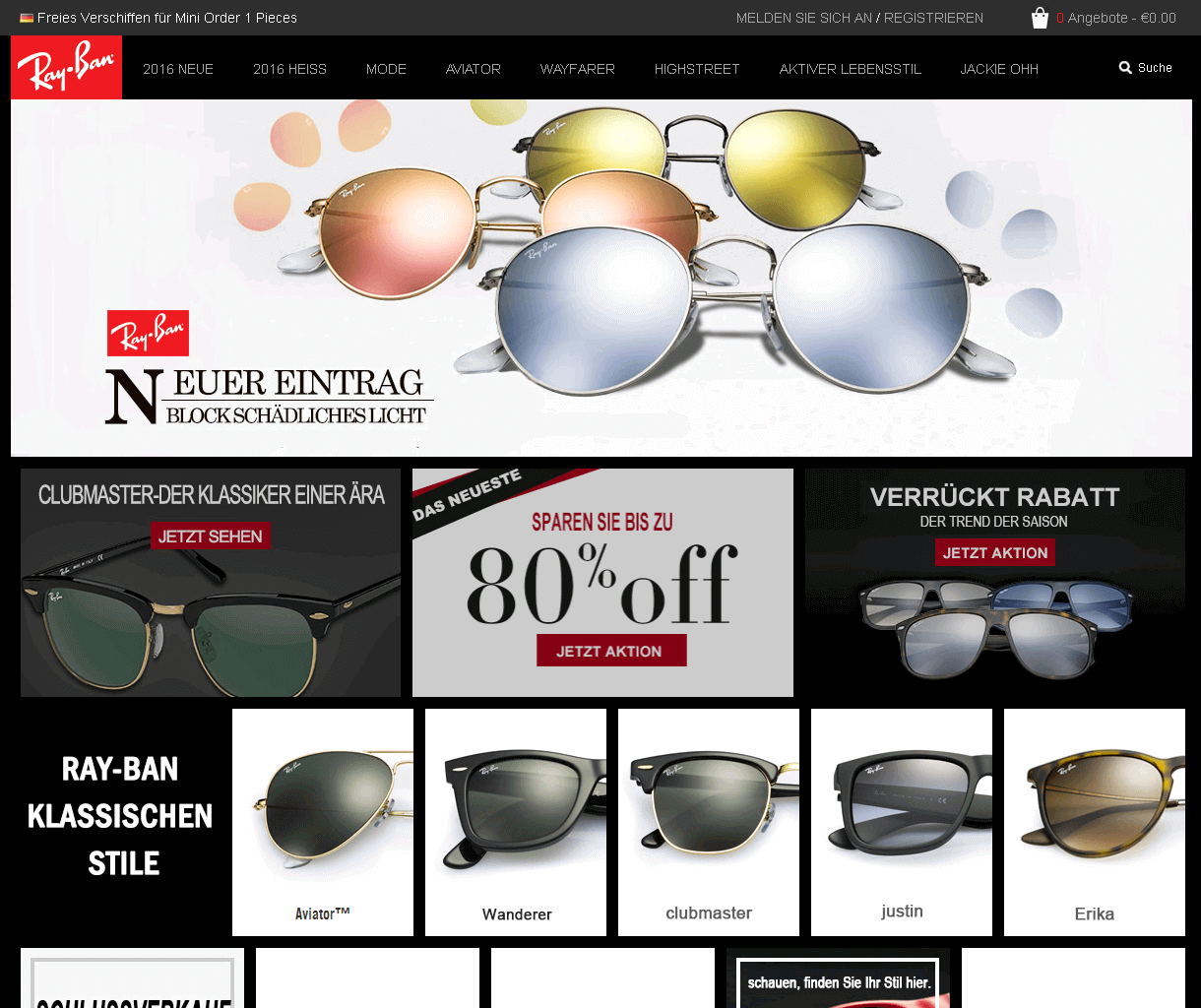 Screenshot einer Ray-Ban Webshop Kopie