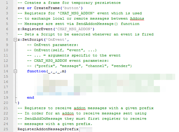 Screenshot: Der Code-Schnipsel, der die Funktion der CHAT_MSG_ADDON Events zeigt