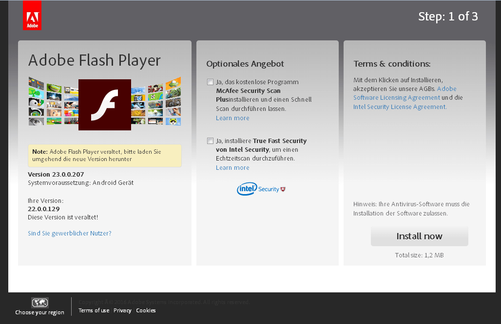 Screenshot der gefälschten Adobe Webseite