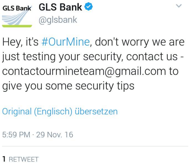 OurMine twitterte nach dem Hack einen unerwünschte Tweet Screenshot des Twitter-Accounts der GLS-Bank, nach dem Hack