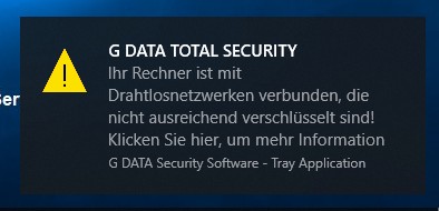 Screenshot: Warnmeldung der G DATA-Software vor unzureichend gesicherten Netzwerken Screenshot: Warnmeldung der G DATA-Software vor unzureichend gesicherten Netzwerken