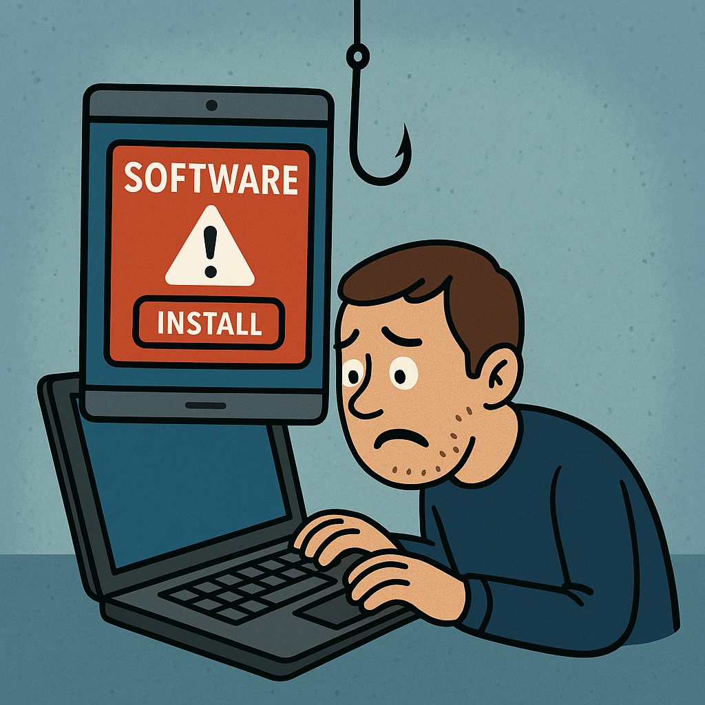 Ein besorgter Mann sitzt an einem Laptop, aus dessen Bildschirm ein Tablet mit einem roten Warnfenster ragt, auf dem „SOFTWARE“, ein Ausrufezeichen und „INSTALL“ steht. Über dem Tablet hängt ein Angelhaken, der auf eine Malware-Falle hinweist.