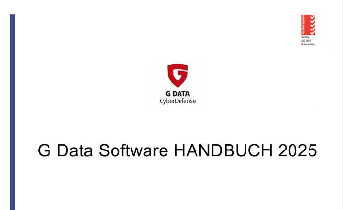 Titelblatt eines Dokuments mit dem G DATA CyberDefense-Logo und der Aufschrift „G Data Software HANDBUCH 2025“. Oben rechts befindet sich ein Zertifizierungszeichen mit dem Text „Quality ISO 9001 by ServiceCert“.