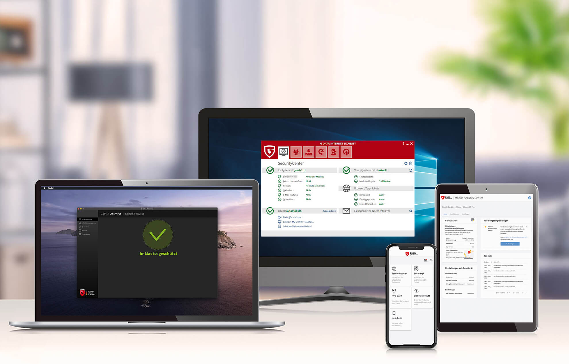 Abgebildet sind ein Macbook, ein Tablet, ein Smartphone und ein mittelgroßer Stand-Bildschirm. In den jeweiligen Displays sind verschiedene Software-Oberflächen der Sicherheitslösungen von G DATA dargestellt. In 6 Bereichen können darin Konfigurationen zum Antivirenschutz vorgenommen werden, um sich gegen Spyware, Trojaner, Spam und andere Malware abzusichern. Das ausgewählte Dashboard meldet zurück, dass keine Gefahren und kein Handlungsbedarf vorliegen. Im Display des Stand-Bildschirms ist ein Ausschnitt des Dashboards aus der Software G DATA Internet Security dargestellt. 