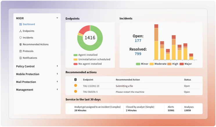Screenshot of the G DATA MXDR web console dashboard