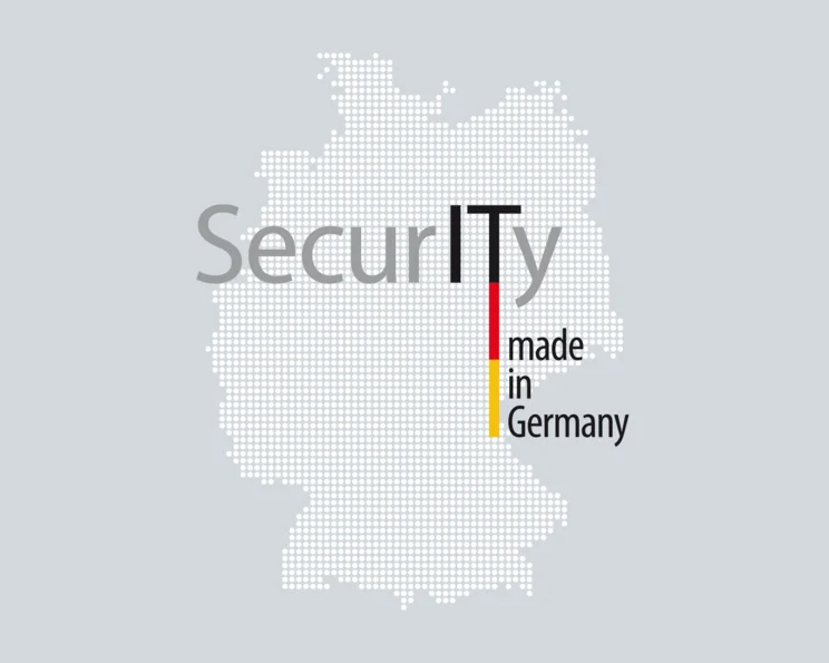Vertrauen Sie auf IT-Sicherheit entwickelt, gehostet und betreut in Deutschland. Deutschlandkarte mit dem Logo "IT-Security Made in Germany"