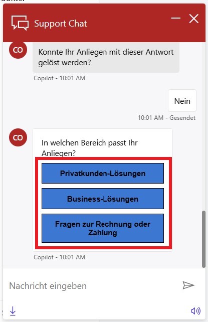 Kontext für Kontaktaufnahme Support