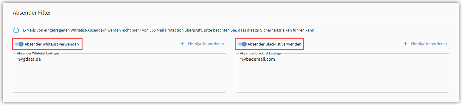 G DATA Web-Portal Einstellungen Absenderfilter