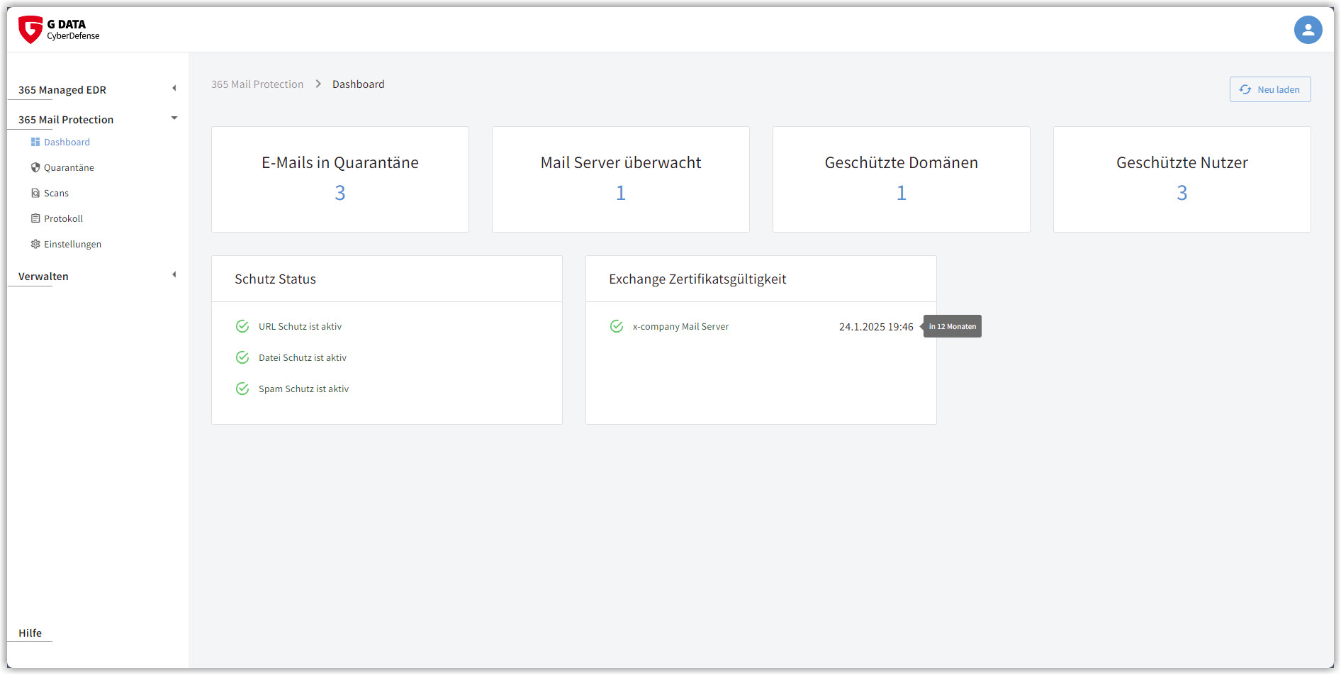 G DATA 365 MailProtection Dashboard