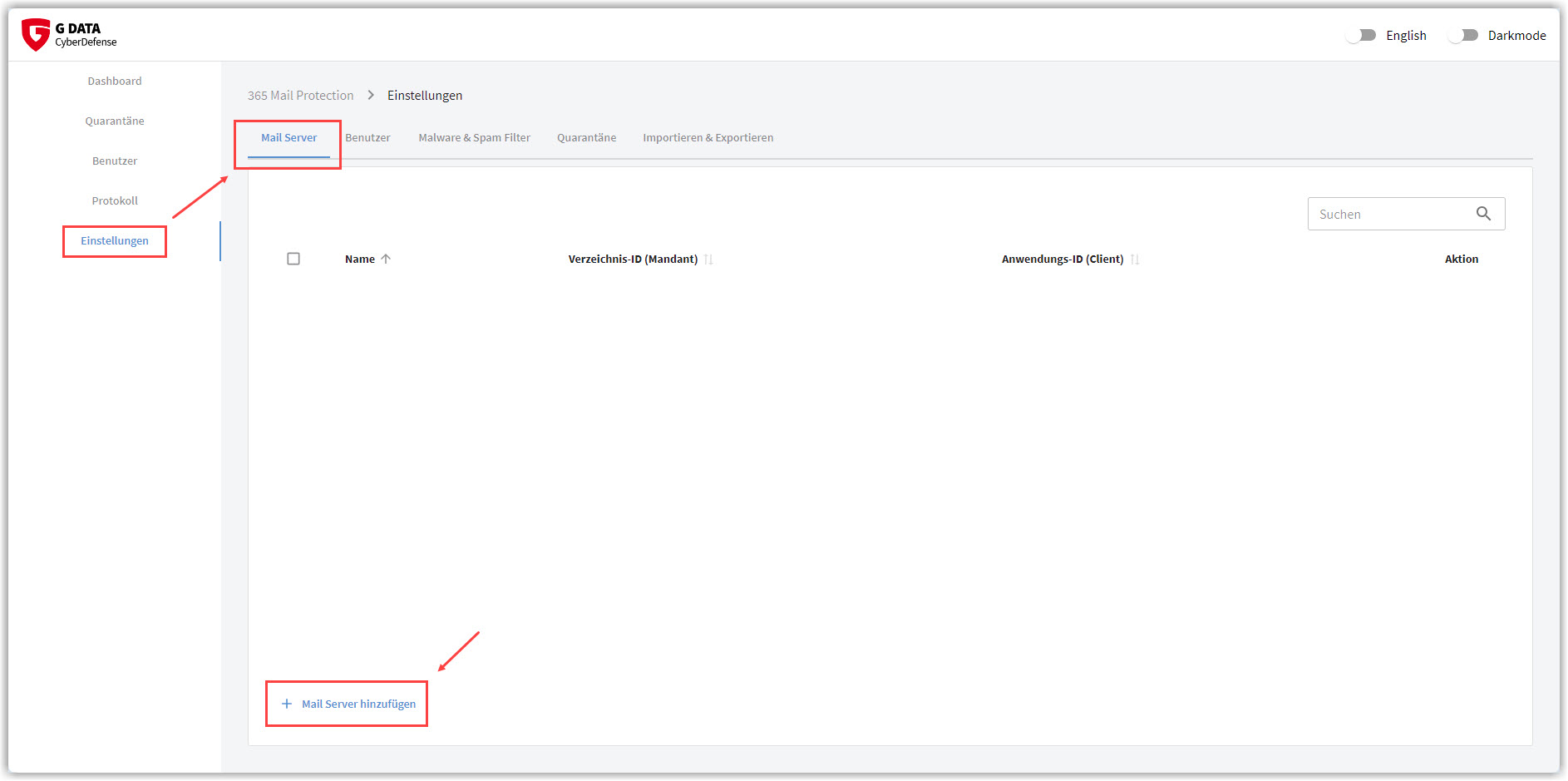 G DATA 365 | Mail Protection Mailserver hinzufügen