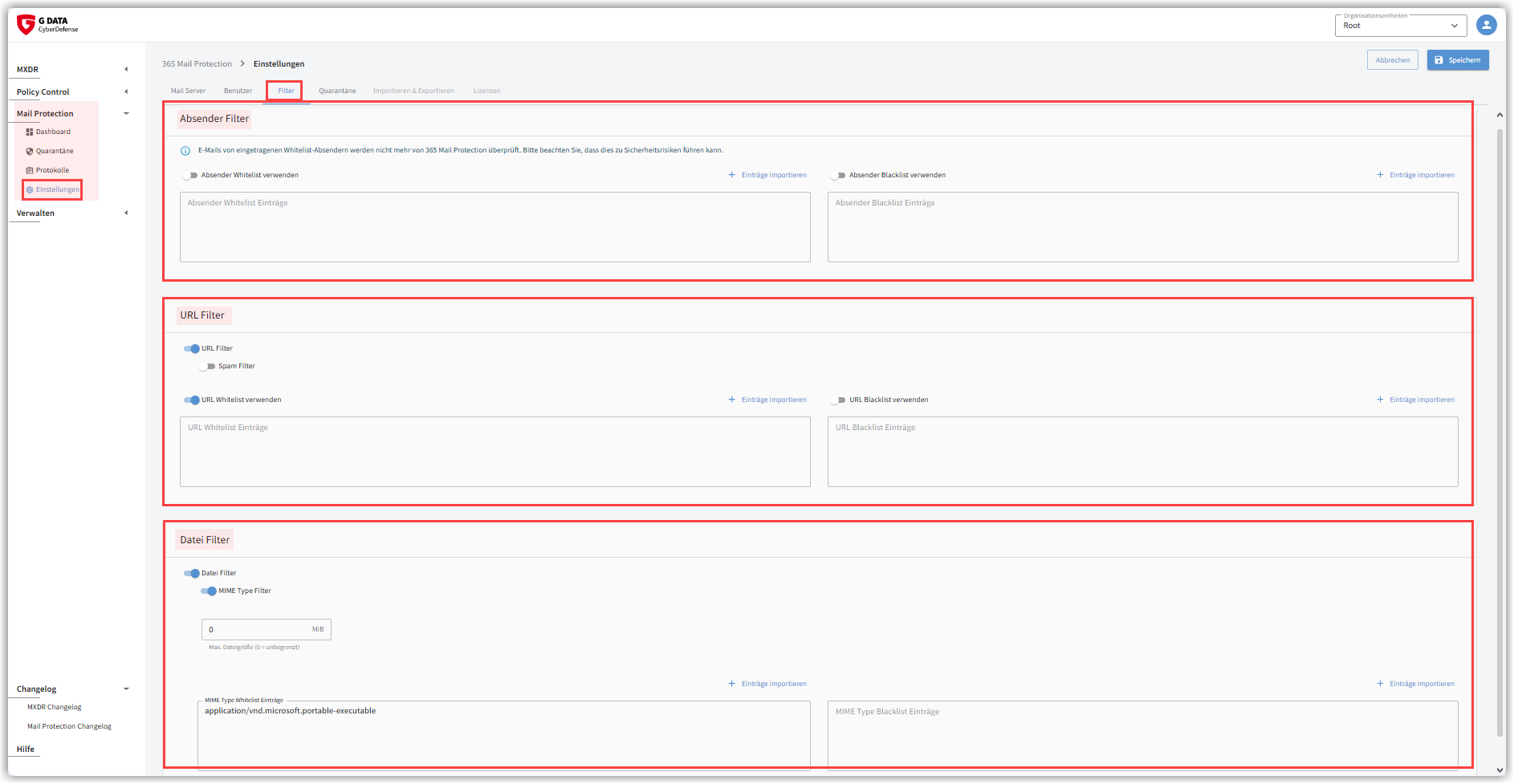 G DATA Web-Portal Einstellungen Malware & Spam Filter