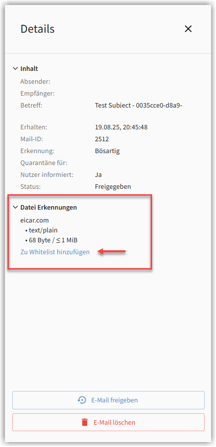 MIME Type von Quarantäne auf Whitelist setzen
