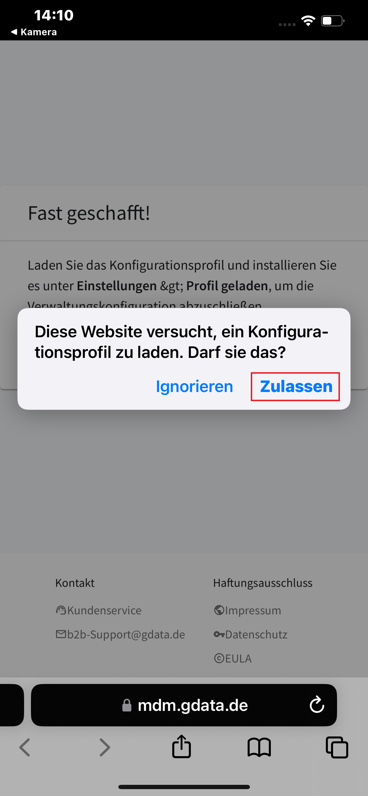 Konfigurationsprofil laden erlauben