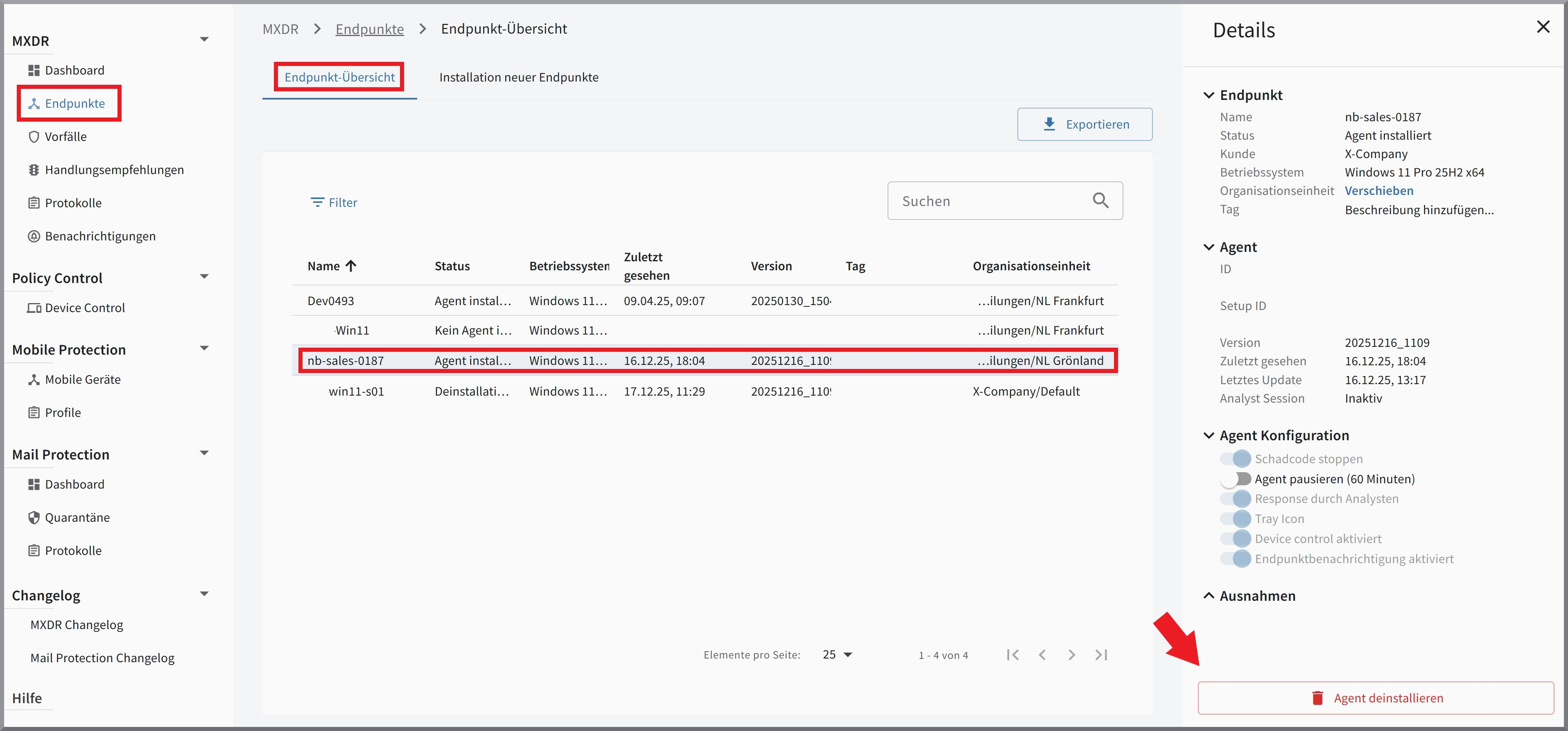 Agent über Webportal deinstallieren