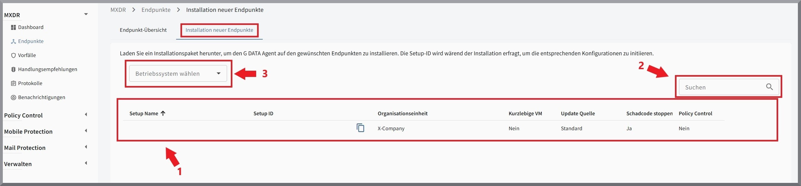 Installation neuer Endpunkte Ansicht