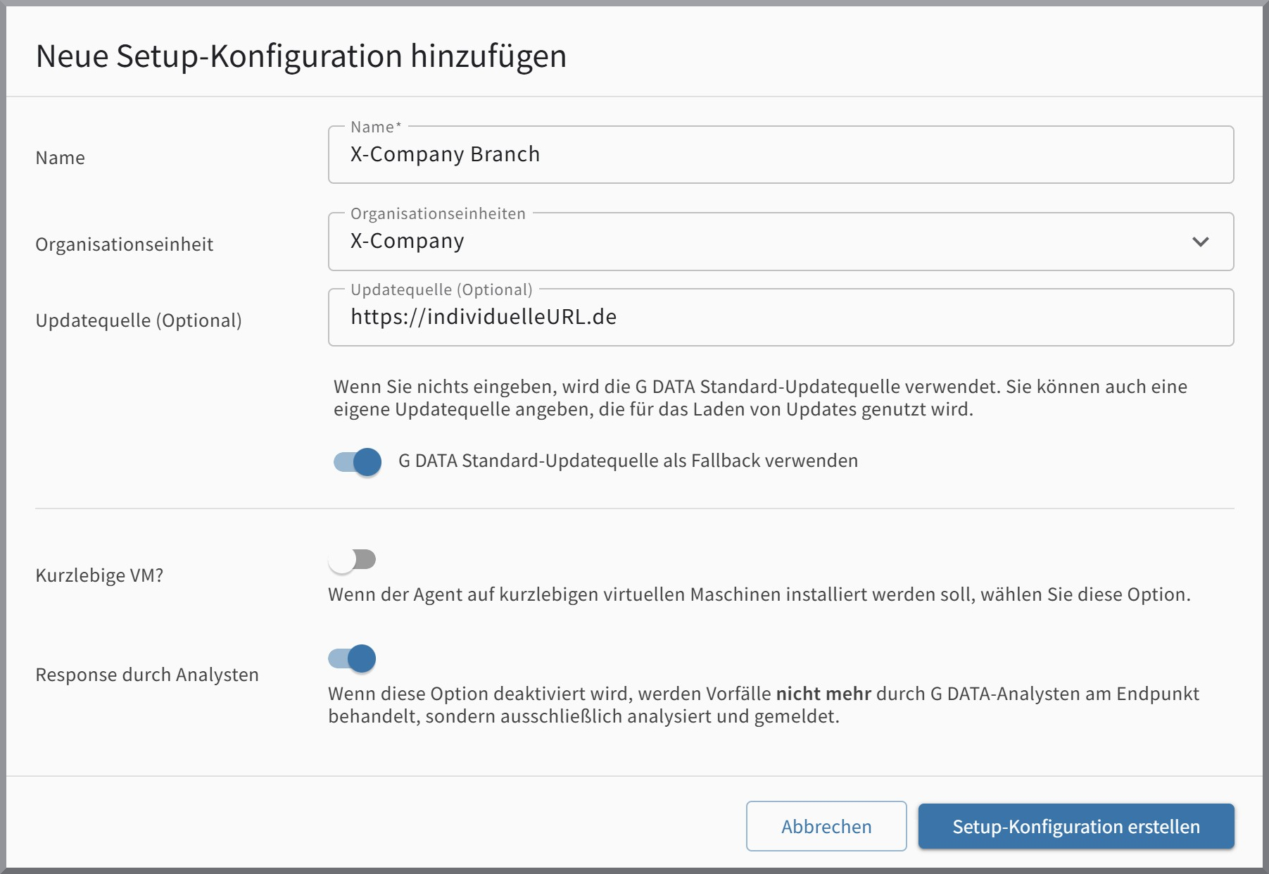 Erstellen einer neuen Sezup-Konfiguration
