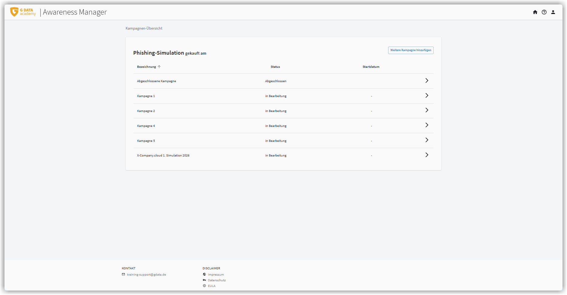 Eingangsseite des Awareness Managers für die G DATA Phishing Simulation