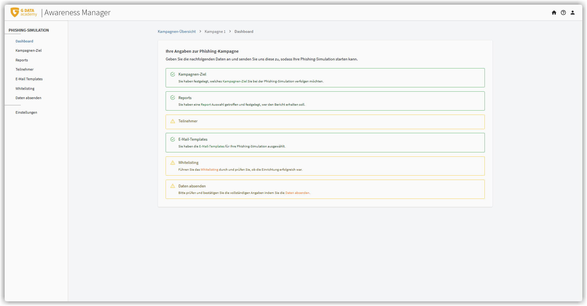 Das Dashboard des G DATA Awarenessmanagers