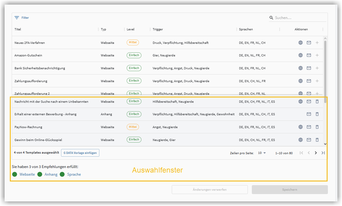 Auswahlfenster Templates G DATA Phishing Simulation